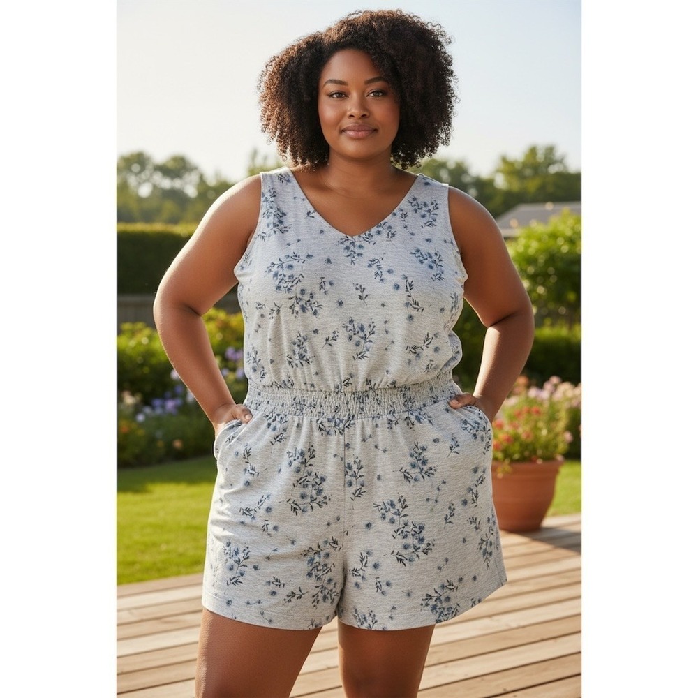 awhile Women's Plus 2X Floral Romper Blue Open Crisscross Back Pockets smocked